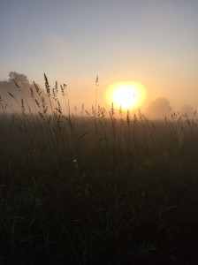 The sun rising beyond the mountains.