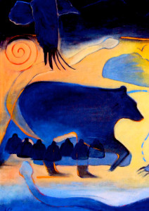 Black Bear: Crop from the painting "Where the Women Go to Heal"Oil on Linen: 30 x 40" - $4800. Available through Turtle Mountain Mythic Art>br/>To see entire painting visit www.scarletkinney.com